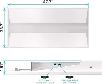 2x4 FT Center Basket LED Troffer Panel Light, 40/50/60W, 3 Color Options 3000K | 4000K | 5000K, Dimmable Drop Ceiling Lights, 5000/6250/7500 Lumens, Damp Rated, 120-277V, DLC Premium (4 Pack)