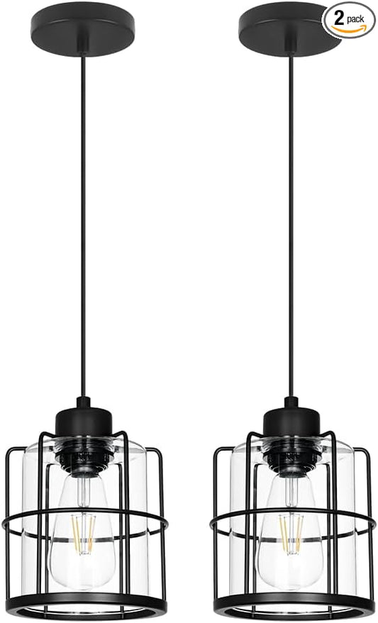 Industrial Black Pendant Lights Kitchen Island, Glass Island Pendant Lights Set of 2, Small Ceiling Kitchen Island Lights with Adjustable Cord, Farmhouse Hanging Light for Hallway Bathroom