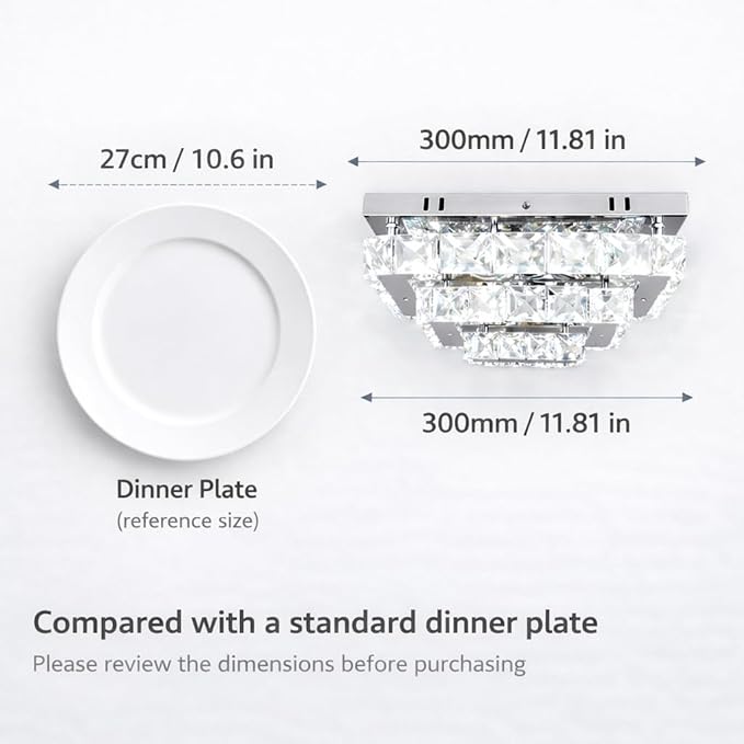 Finktonglan Crystal LED Flush Mount Ceiling Light, 11.8"×9.1" Rectangular Close to Ceiling Light, 24W 6500K Cool White Daylight, K9 Crystal & Stainless Steel, Non-Dimmable