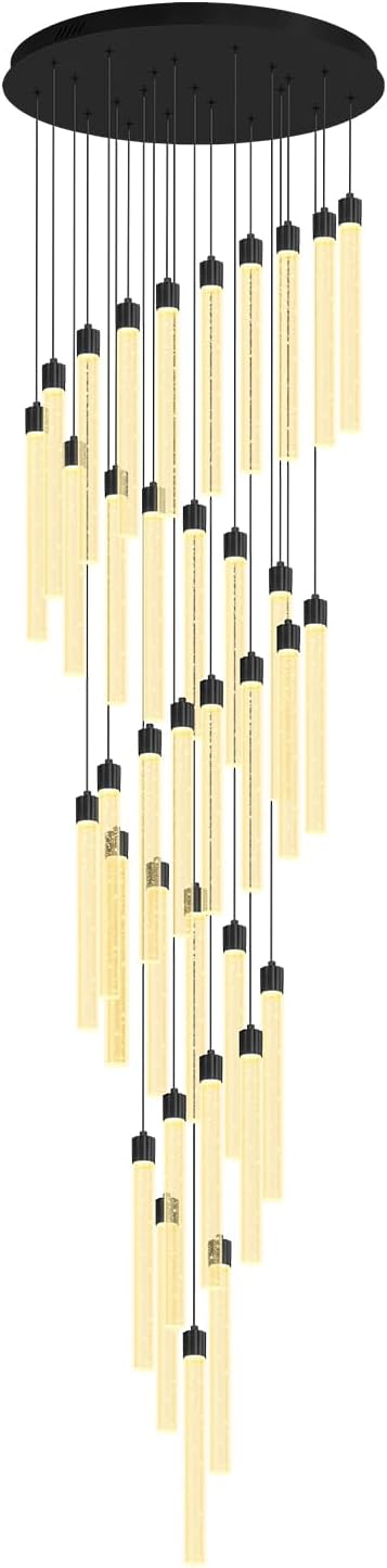200'' Long Crystal Column Chandelier Black 36-Light Extra Large Staircase Chandelier High Ceiling Dimmable LED Ceiling Lighting Foyer Entryway Light Source is Replaceable