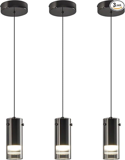 Black Pendant Light Fixtures, Adjustable Modern LED Smoky Gray Glass Pendant Lights for Kitchen Island, Single Hanging Pendant Lighting for Dining Table Hallway Bedroom Living Room(3-Pack)
