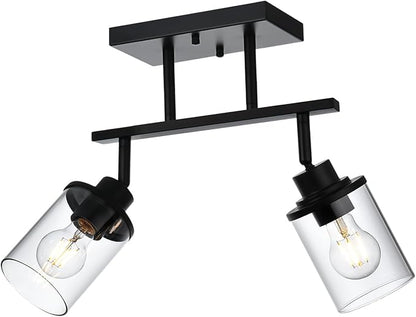 2 Light Track Lighting Kit, Black Bathroom Wall Lights with Clear Glass Shade, Ceiling Spot Lighting with Flexibly Rotatable Light Head for Kitchen Living Room Hallway