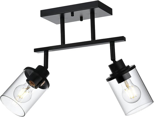 2 Light Track Lighting Kit, Black Bathroom Wall Lights with Clear Glass Shade, Ceiling Spot Lighting with Flexibly Rotatable Light Head for Kitchen Living Room Hallway