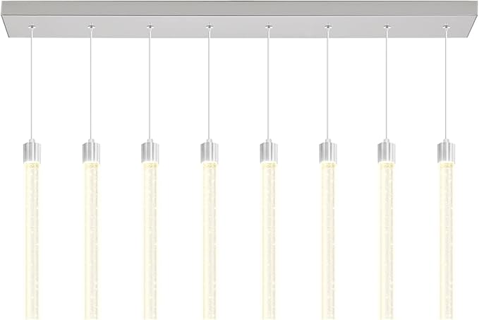 Modern LED Dimmable Crystal Column Chandelier Living Room Rectangular Crystal Chandelier Pendant Light for Dining Room Adjustable Height 8-Light Silver