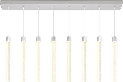 Modern LED Dimmable Crystal Column Chandelier Living Room Rectangular Crystal Chandelier Pendant Light for Dining Room Adjustable Height 8-Light Silver