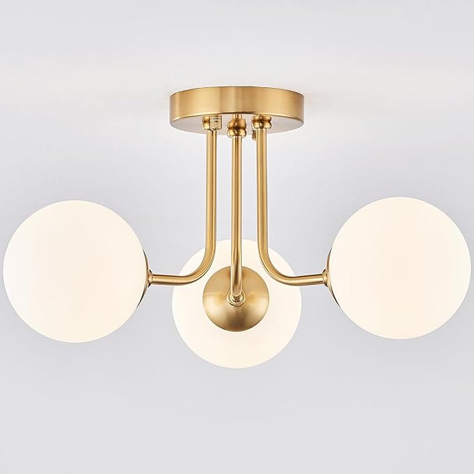 Modern Semi Flush Mount Ceiling Light,Globe Milk Glass Shade Brushed Brass Finish Ceiling Light 3-Light with Ceramic Base,Sputnik Chandeliers for Bedroom Hallway Dining Room Lighting Fixture