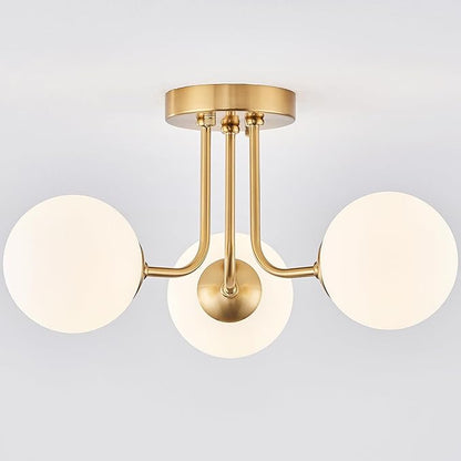 Modern Semi Flush Mount Ceiling Light,Globe Milk Glass Shade Brushed Brass Finish Ceiling Light 3-Light with Ceramic Base,Sputnik Chandeliers for Bedroom Hallway Dining Room Lighting Fixture