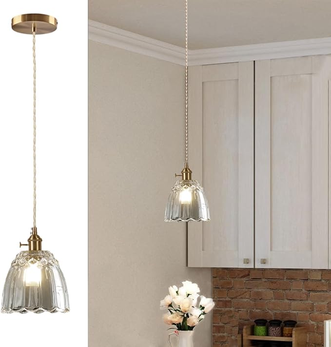 Vintage Pendant Light Mini Glass Pendant Lights 5.9 Inch Gold Hanging Lamp Antique Brass Hanging Light for Living Room Dining Room Bedroom Bathroom Hallway Entryway Kitchen Island