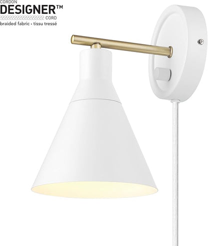 Globe Electric 65542 1-Light Plug-in or Hardwire Wall Sconce, Matte White, Brass Accent, Stepless Dimming Rotary Switch, Fabric Cord, Modern Lighting for Apartment or Renters, Home Decor