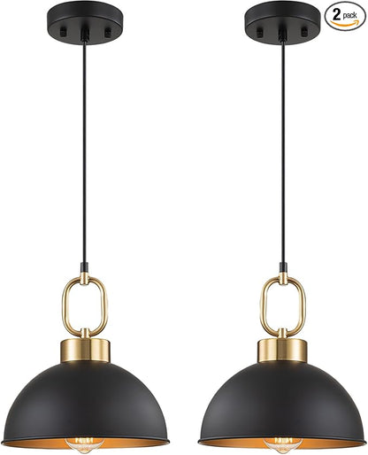 2 Pack Black Pendant Lights Kitchen Island, 10'' Farmhouse Industrial Pendant Light Fixtures, Adjustable Height Modern Dome Hanging Light for Kitchen Dining Room Entryway Bar