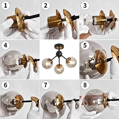3-Light Chandelier ，Vintage Semi Flush Mount Ceiling Light Fixture with Glass Globe， Black Ceiling Light for Hallway Stairway Porch Entryway Kitchen Bedroom Laundry Farmhouse..