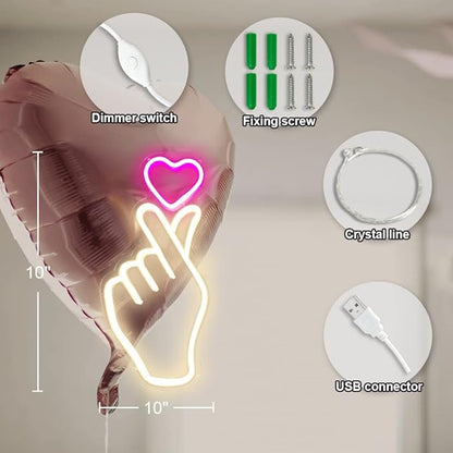 Finger Heart Neon Sign for Room Decor, 16.5x8 Inches Kpop & K-Drama Symbol Heart Gesture Neon Signs for Bedroom, Home Office, Dimmable LED Love Neon Light Gift for Anniversary, Girl…