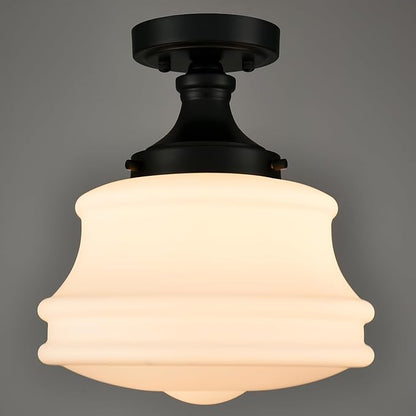 Black Schoolhouse Ceiling Light Milk Glass Semi Flush Mount Ceiling Light 11-Inch Modern Matte Black Schoolhouse Light Fixtures for Hallway Bedroom Bathroom Kitchen Foyer