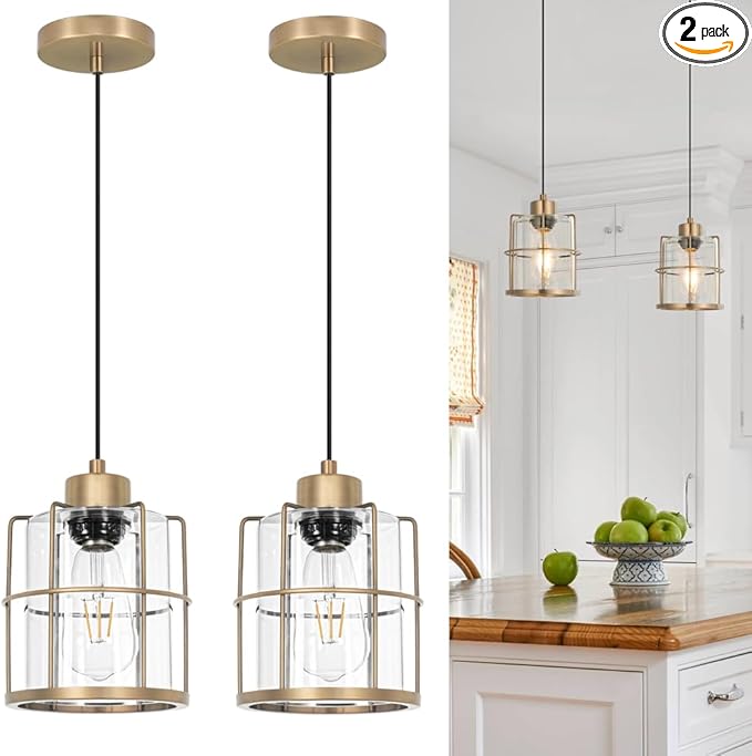 Brass Gold Pendant Light Fixture Set of 2, Modern Pendant Lights Kitchen Island over Sink, Cylinder Bathroom Light Fixture with Clear Glass, Farmhouse Hanging Light Fixture with Adjustable Cord