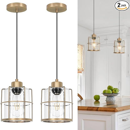 Brass Gold Pendant Light Fixture Set of 2, Modern Pendant Lights Kitchen Island over Sink, Cylinder Bathroom Light Fixture with Clear Glass, Farmhouse Hanging Light Fixture with Adjustable Cord