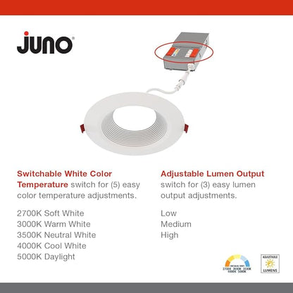 Juno LED Recessed Lights 6 Inch Round Wafer Downlight, 5-in-1 Switchable White Color Temperature, Adjustable Brightness, Deep Regressed Baffled Trim, 6-Inch, Matte White