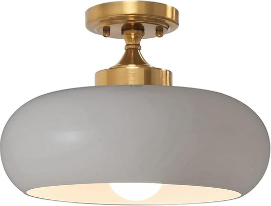 Mid Century Modern Semi Flush Mount Ceiling Light, Gold Kitchen Ceiling Light Fixture with Glass Shade, Grey Close to Ceiling Lamp Mini Chandeliers for Entryway Hallway Bathroom