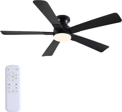 52 inch Ceiling Fans with Lights, Black Flush Mount Ceiling Fan with Remote, 3CCT, LED Dimmable, Reversible, 6 Fan Speeds, Quite Low Profile Ceiling Fan with Lights Modern Bedroom Kitchen Indoor