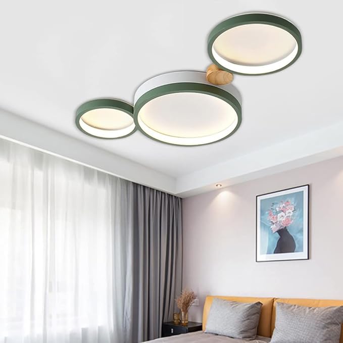 3-Lights LED Ceiling Light Fixture,22 Inch Modern Ceiling Lights Flush Mount Wooden 20W Dimmable Chandelier for Living Room Bedroom Kitchen,3000K/4000K/6000K Temperatures Selectable Green