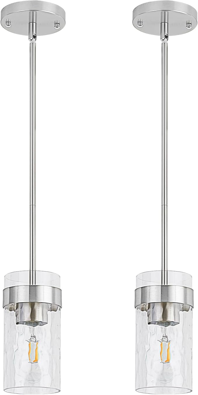 Water Ripple Glass Pendant Lights Kitchen Island Brushed Nickel Pendant Light Fixtures Adjustable Modern Mini Hanging Light for Sink Dining Room Foyer Entryway Bar, 2 Pack