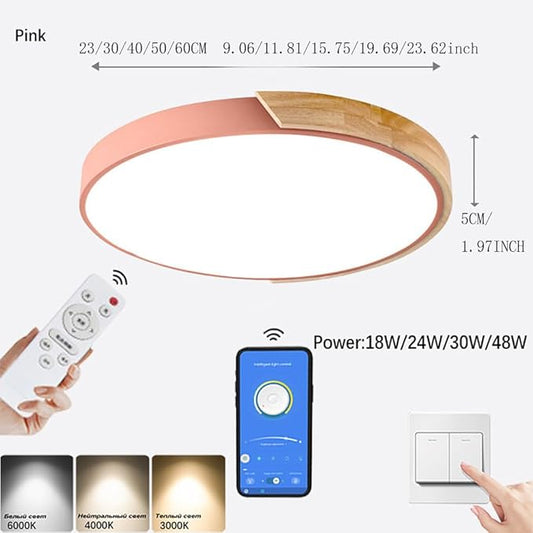 LED Ceiling Light Fixture,10 Inch Modern Wood Recessed Ceiling Lights, Dimmable Light,Pink 12W Close to Ceiling Lighting Flush Mount Living Room Bedroom,3000K-6000K