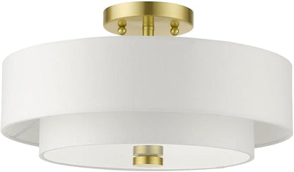 Livex Lighting 51044-12 Meridian Collection 3-Light Semi Flush Mount Ceiling Light with Off-White Hardback Fabric Shade, Satin Brass 15 x 15 x 8.25