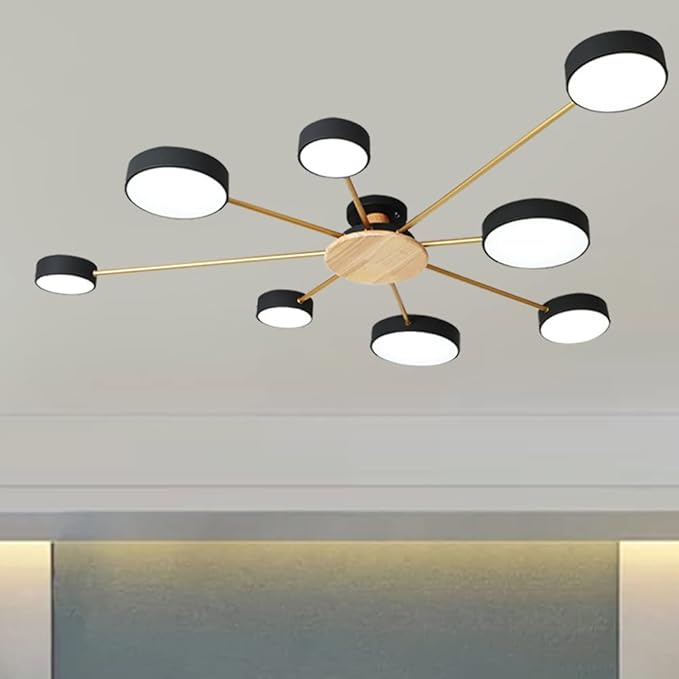 8-Lights LED Ceiling Light Fixture,48 Inch Modern Ceiling Lights Flush Mount Wooden 64W Dimmable Chandelier for Living Room Bedroom Kitchen,3000K/4000K/6000K Temperatures Selectable Black