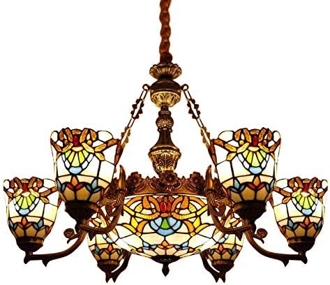 Pendant Lighting LED Victorian Chandelier Light Antique Tiffany Style Stained Glass 6+1-Light Hanging Light for Dining Living Cafe Room Restaurant - TYP C1