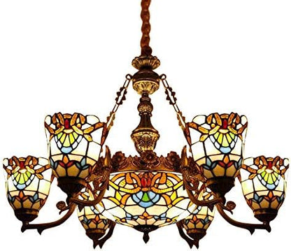 Pendant Lighting LED Victorian Chandelier Light Antique Tiffany Style Stained Glass 6+1-Light Hanging Light for Dining Living Cafe Room Restaurant - TYP C1