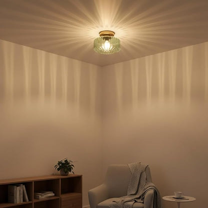 Sage Green Ribbed Glass Semi-Flush Mount Ceiling Light, 8.66" Mid-Century Modern Gold Light Fixture, E26 Base 1-Light Ceiling Lamp for Bedroom Bathroom Kitchen Hallway