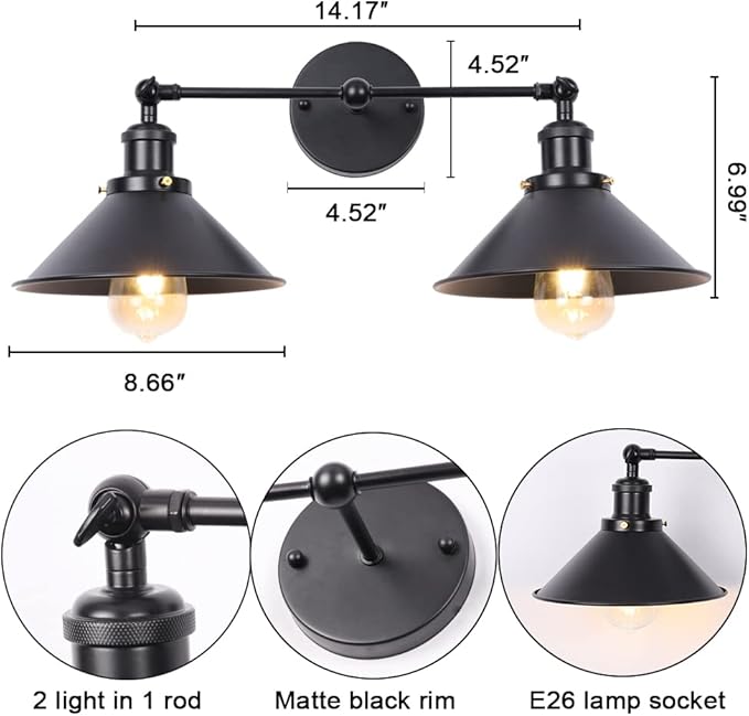 Farmhouse Bathroom Black Vanity Light Fixtures Wall Sconce Lighting, Industrial 2 Light Wall Sconces Indoor Wall Light with Metal Shade, Farmhouse Bathroom Light for Kitchen Living Room Hallway