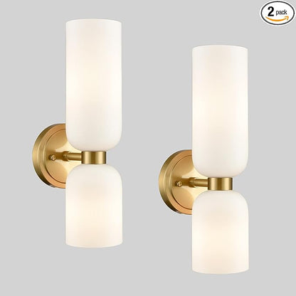DEYNITE Gold Wall Sconces Set of Two 2-Light Modern Wall Light 3.93"(W)*14.2"(H) Bathroom Vanity Light Milky White Glass