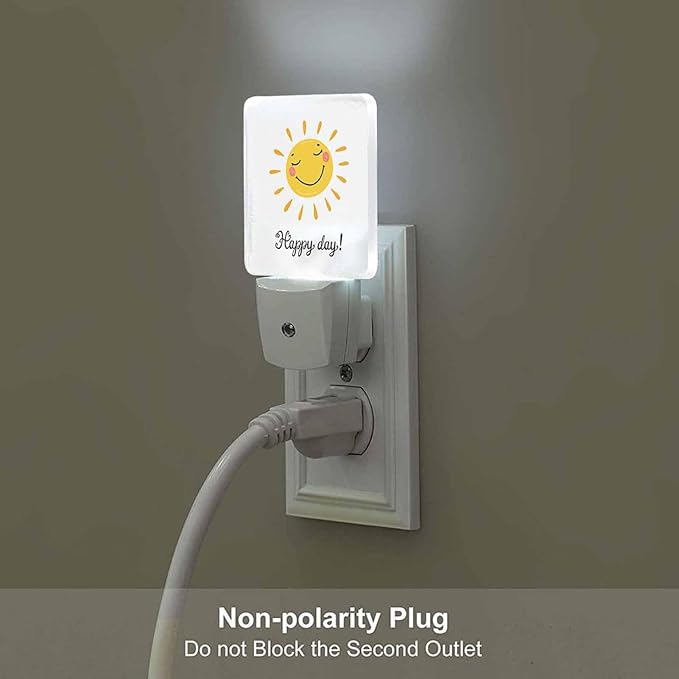LED Night Light,Cartoon Cute Sun Icon Happy Day Word LED Night Light Plug into Wall with Dusk to Dawn Light Sensor White Energy Efficient Nightlight for Bedroom Hallway Living Room Kitchen