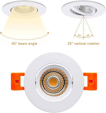 2Inch LED Recessed Ceiling Light, 3W Dimmable LED Downlight, 60 Beam Angle COB Recessed Lights with Driver,Warm White 3000K, 25W Halogen Bulbs Equivalent for Ceiling Lighting, White 10Pack