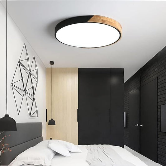LED Ceiling Light Fixture,20 Inch Modern Wood Recessed Ceiling Lights,3000K-6000K Dimmable Light,Black 36W Close to Ceiling Lighting Flush Mount Living Room Bedroom Ceiling Lamp
