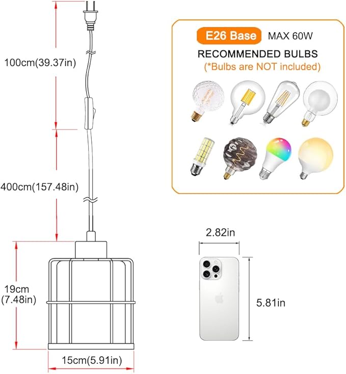Modern Industrial Plug-in Hanging Pendant Light, Clear Glass Shade Hanging Lamp with Plug in Cord, Gold Cage Plug in Hanging Lights Fixtures for Kitchen Island, Living Dining Room, Bar, Hallway