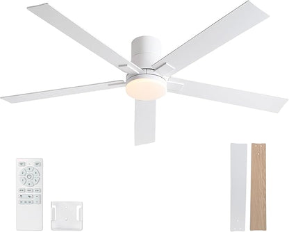 60 Inch Ceiling Fans with Lights and Remote,Flush Mount White Ceiling Fan with 5 Blades,6 Speed Reversible DC Motor,3CCT Dimmable LED-Low Profile Design for Bedroom, Living room & Covered Outdoor
