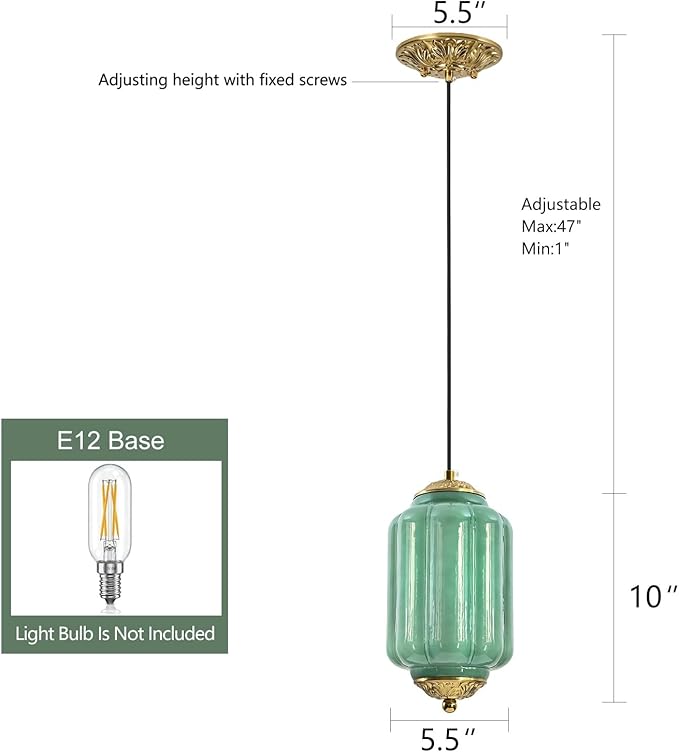 Milk Glass Pendant Light, 5.5 Inch Green Adjustable Cord Hanging Lamp, Dimmable E26 Base Vintage Pendant Light Fixture for Bedroom Bathroom Entryway