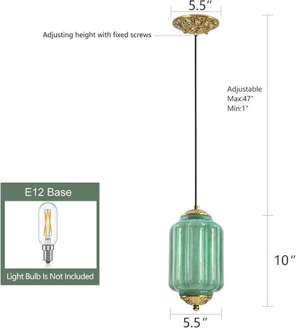 Milk Glass Pendant Light, 5.5 Inch Green Adjustable Cord Hanging Lamp, Dimmable E26 Base Vintage Pendant Light Fixture for Bedroom Bathroom Entryway