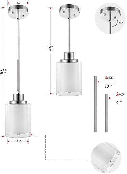 1-Light Mini Pendant Light Fixtures, 3 Pack Modern Brushed Nickel Hanging Ceiling Light with Dual Glass, Adjustable Height