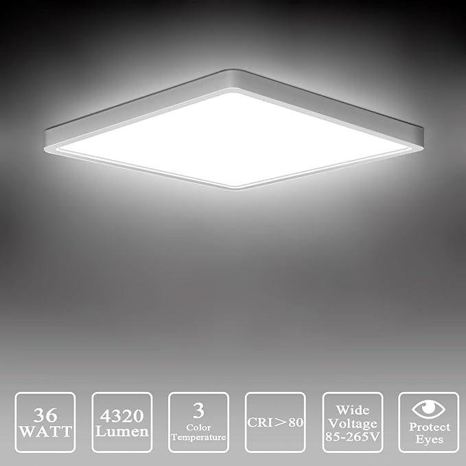Flush Mount Ceiling Light - Switchable Color Temperature (3000K/4500K/6500K), 36W Square Ceiling Mount Light Fixture for Kitchen, Hallway, Bedroom, Living Room