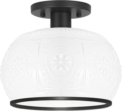 Matte Black Semi Flush Mount Ceiling Light with Milk Glass Shade, Hallway Lighting Fixtures, Vintage Ceiling Light for Kitchen, Bedroom, Closet, Entryway, Porch