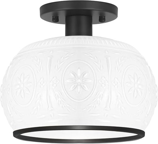 Matte Black Semi Flush Mount Ceiling Light with Milk Glass Shade, Hallway Lighting Fixtures, Vintage Ceiling Light for Kitchen, Bedroom, Closet, Entryway, Porch