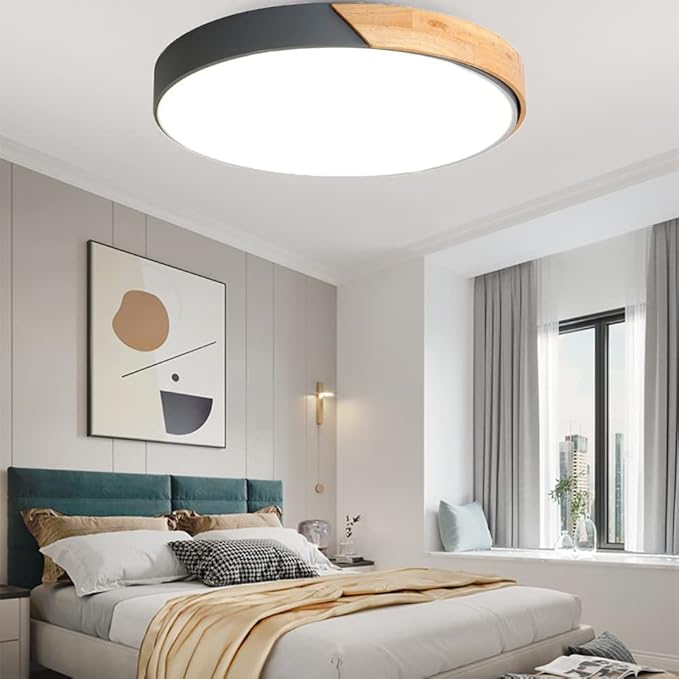 LED Ceiling Light Fixture,10 Inch Modern Wood Recessed Ceiling Lights, Dimmable Light,Grey 12W Close to Ceiling Lighting Flush Mount Living Room Bedroom,3000K-6000K