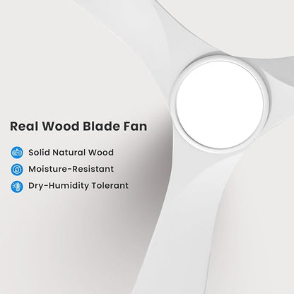 heimo 52 Inch White Ceiling Fan with Light and Remote, Wood Outdoor Ceiling Fans with Lights Dimmable for Bedroom Living Room Patios Kitchen Modern 3 Blade Propeller Indoor Fan