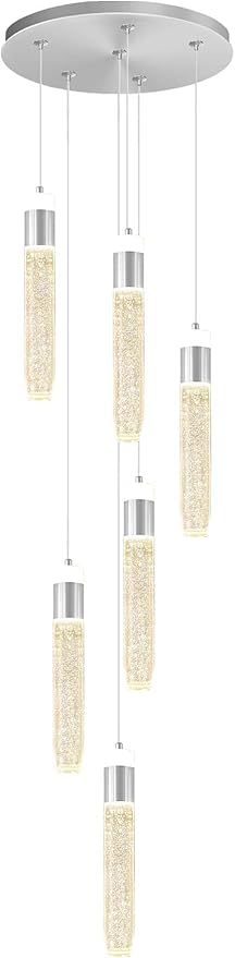 Long Crystal Column Chandelier for High Ceiling Modern LED Crystal Raindrop Chandeliers for Living Room Foyer Chandelier Lighting,3000k-6000K,6-Light Silver