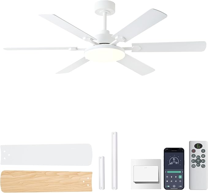 NKPU 56 Inch Ceiling Fans with Lights, Modern White Ceiling Fan with Light and Remote Control, 6 Double Sided Blades, 6 Speed Reversible Motor, Dimmable LED, Silent Timing, Indoor Outdoor Patio Use