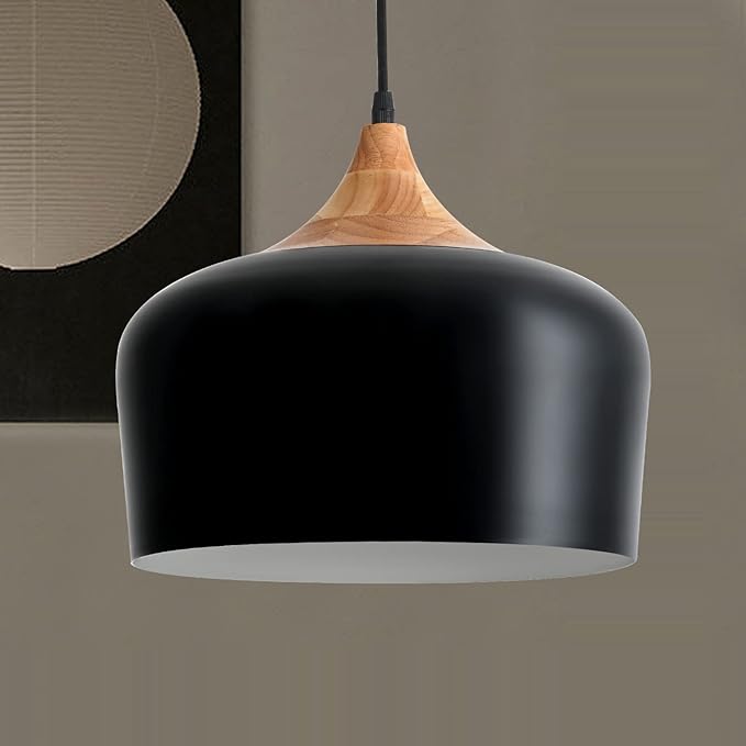 Eustace Pendant Light Modern Lantern Lighting, Wooden Dome Minimalist Industrial Ceiling Hanging Light Fixtures for for Kitchen Island, Dining Room, Living Room, Farmhouse(Black)