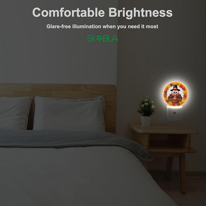 EKOBLA Autumn Turkey Plug-in Night Light, Fall Turkey & Maple Leaf LED Nightlight with Dusk to Dawn Sensor for Bedroom, Bathroom & Kitchen