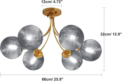 Gold Flush Mount Light 6-Light Glass Chandelier with Smoky Gray Globe Shade Mid Century Farmhouse Antique Gold Close to Ceiling Light for Entryway Hallway Foyer